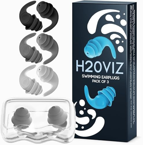 H20VIZ Pro Swim Ear Plugs | 3 Pairs | Waterproof, Reusable Silicone Earplugs for Swimming, Surfing, Snorkeling & All Water Sports | Black, White, Grey