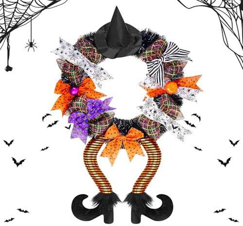MORAINJAY Halloween Witch Door Wreath Decorations,24x18in Halloween Front Door Hanging Witch Hat Wreath with Witch Legs,Halloween Wreath for Window Fireplace Indoor Outdoor Home Decoration