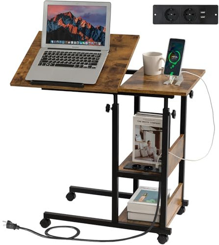Hadulcet Beistelltisch Couch, Beistelltisch C-Form mit Rollen, verstellbare Tischplatte, Nachtisch mit Steckdose, Höhenverstellbar Sofatisch, Laptoptisch mit Stauraum für Wohnzimmer & Schlafzimmer