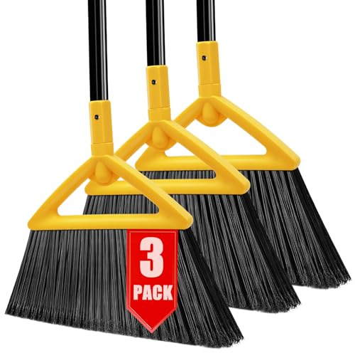 PUTNATRUE Heavy Duty Broom of Outdoor and Indoor,3 Packs Upgraded Commercial Angle Brooms,Perfect Yellow Broom of House,Kitchen,Garage,Courtyard,Concrete