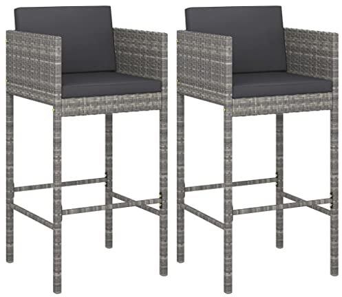 Myheimly Barhocker 2 STK. mit Kissen Küchenhocker Garten Barstuhl Tresenhocker Thekenhocker Tresenstuhl Bistrohocker Gartenmöbel Grau Poly Rattan