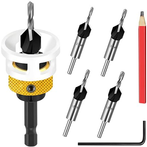 7 tlg Kegelsenker-Bohrer-Set - Bohrsenker mit Tiefenanschlag, Senker Holzbohrer mit 1/4 Hex Schaft, Präzise Bohrungen, Bohrer mit Senker aus HSS-M2 für Werkstatt Holzverarbeitung Grundausstattung