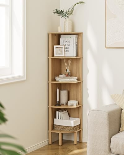 Apetaccat Corner Shelf, 5 Tier Corner Bookshelf, Display Corner Shelf Stand with Storage Rack, Wall Corner Bookshelf for Living Room, Bedroom, Office, Oak
