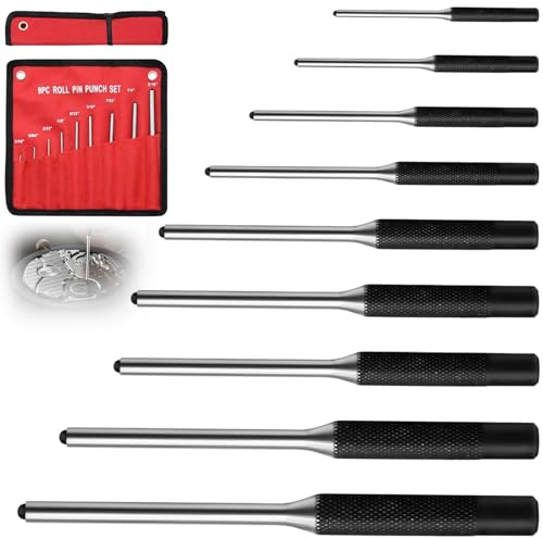 9 Piece Roll Pin Punch Set, High Hardness Steel Watch Repair Tool with Knurled Handle, Jewelry Making & Watchmaking Kit, Manual Centre Punches for Watchmakers/Jewelers, Includes Red Storage Pouch
