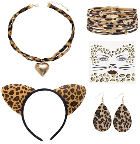 Rdlobu 5-Teilig Leoparden Kostüm Set, Leopard Kostüm Damen | Leoparden Ohren Haarreif, Leoparde-n Gesichtstattoo, Armband, Halskette, Ohrringe für Halloween, Fasching, Cosplay, Maskerade