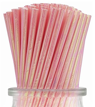 Iridescent Rose Pailles en Papier, [Pack de 100] Rainbow Golden Pink Cocktail Pailles Jetables de Fête pour Mariages Occasions Boissons Décoration