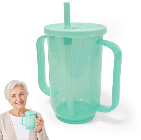 Adult Sippy Cup, 350ML Non-Spill Drinking Cups for Elderly with Straw Lid | Ergonomic Handle Non‑Tilt Drinking Cup for Elderly, Convalescent Patients, Hospital & Home Care, Green
