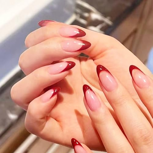 Red French Tip False Nails - 24Pcs Short Almond Fake Nails - Nude Nails with Red French Tip Design - Full Cover Nail Tips Acrylic Press on Nails - Stick On Nails with Glue for Women