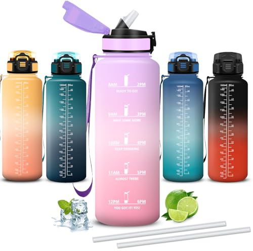 Mujigaga Gourde 1.5L, Gourde Sport avec Paille, Gourdes Motivation avec Marqueur de Temps, Gourdes Adulte, anti Fuite, Facile à Nettoyer, pour Musculation, Camping, Escalade, Marathon