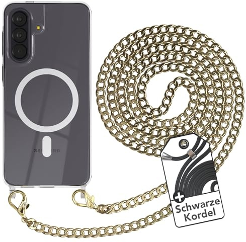 EAZY CASE - Handykette kompatibel mit Galaxy A57 Kette zum Umhängen Stoßfest Handyhülle für Galaxy A57 Silikon Hülle mit Band aus Metall Transparent als Fallschutz in Gold