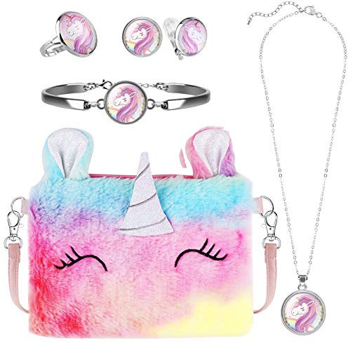 Hifot Plüsch Einhorn Handtaschen Mädchen kinderschmuck, Unicorn Kette Halskette Armband Ohrringe Ring schmuckset, Umhängetaschen Kleid Gastgeschenke Geschenk