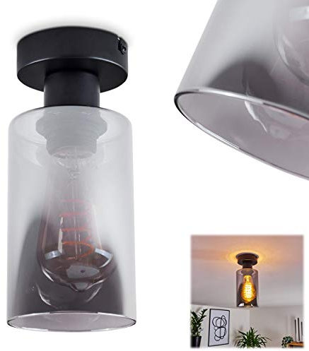Plafonnier Hunouri, plafonnier rond en métal noir, lampe de chambre à 1 flamme avec abat-jour en verre fumé, 1 x E27, sans ampoules