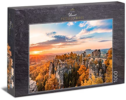 Ulmer Puzzleschmiede - Puzzle „Die Basteibrücke im Abendrot“ - Landschaftsmotiv mit dem Wahrzeichen der Sächsischen Schweiz und des Elbsandsteingebirge, Sachsen, Deutschland