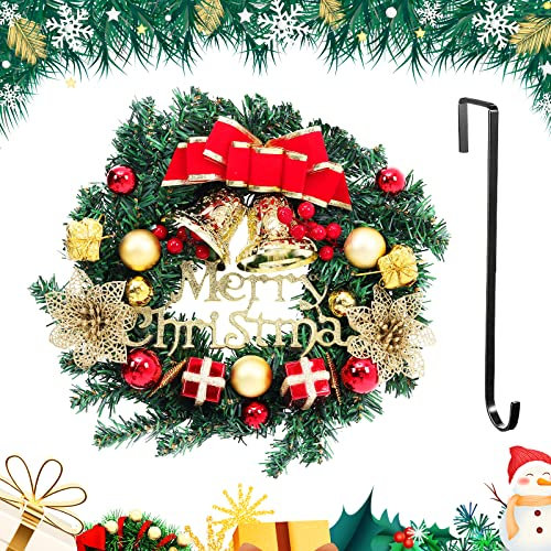 Warmiehomy Weihnachtskranz Tür 30cm Weihnachtskranz Künstlich mit Türhaken Wandkranz Weihnachten mit Schleife & Kugeln & Blumen für Tür Fenster Kamin Weihnachtsdeko
