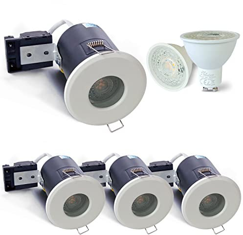 4XSweier Fire Rated GU10 White Downlights,IP65 Waterproof 5W Warm White 3000k Spotlight,90 Minute Fire Rated LED Recessed Ceiling Lights,230V GU10 Downlights,Cut-Out 70mm.