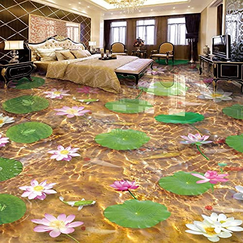 Pegatinas de suelo Azulejos impermeables Cuarto de baño enorme ultra alta definición Lotus Pond Fish 3D pintura de suelo Mural-150cmX105cm
