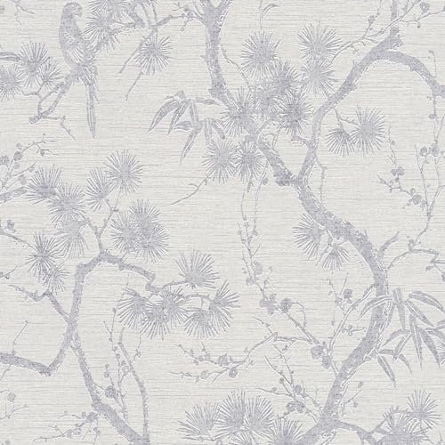 Exclusive Luxury Wallpaper Wall Profhome 378673-GU Non-Woven Wallpaper Slightly Textured with Floral Ornaments and Metallic Highlights Grey Silver White 5.33 m2 (57 ft2)