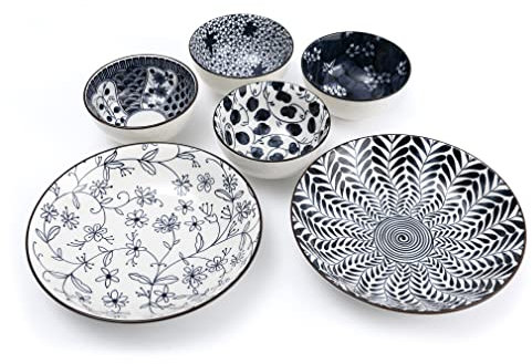 lachineuse - Coffret Repas Japonais - 2 Asiettes Creuses ⌀ 21 cm & 4 Bols à Riz ⌀ 11,5 cm - Style Asiatique Fleurs - Coloris Bleu & Blanc - Vaisselle Japonaise Traditionnelle Zen - Idée Cadeau Japon