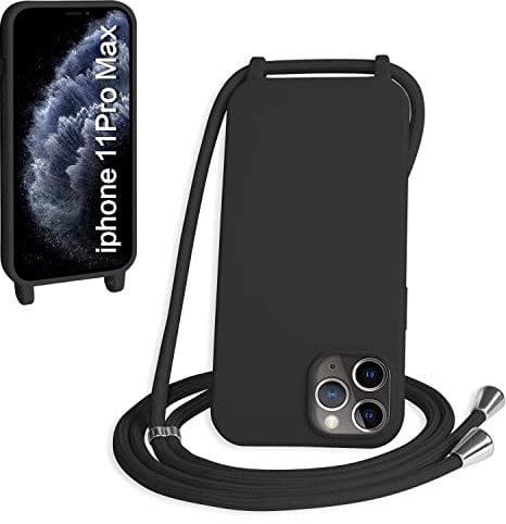 SLWYF Compatible with iPhone 11 Pro Max Crossbody Lanyard Case, Liquid Silicone Protective Phone Case with Strap Adjustable Neck Cord Necklace Soft Cover for iPhone 11 Pro Max, Black