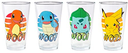 Silver Buffalo Pokemon Original Starters Charmander, Squirtle, Bulbasaur, and Pikachu 4pc. Pint Glass Set, 16 Ounces