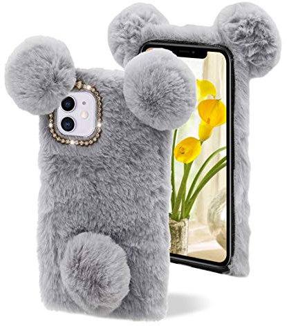 LCHDA Plüsch Hülle für iPhone 14 6.1 Zoll, Schön 3D Panda Ohren Pelziger Haarball Fuzzy Weiches Kunstfell Warm Flauschige Pelz Niedlich Handytasche Stoßfest TPU-Silikon Schutzhülle, Grau