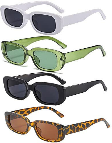 FSMILING 4 Stücke Vintage Rechteckige Sonnenbrille Damen 90er Retro Sonnenbrillen Eckige Trendy Sonnenbrille Set Sunglasses Women