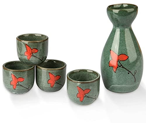 CYLBAQ Juego de tazas de sake, juego de 5 piezas de sake japonés (botella de 150 ml y taza de 40 ml). Juego tradicional de porcelana pintada a mano para cerámica de estilo niebla, copas de vino de
