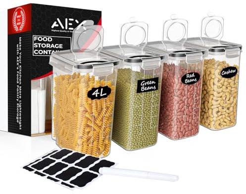 AEX Airtight Cereal Storage Containers Pantry Food Organization Dispenser Sugar, Flour, Snack Leak-proof With Black Locking Lids (Pack of 4)