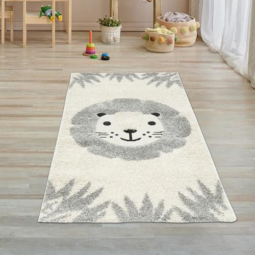 Teppich-Traum Kinderzimmer Teppich Baby Spielteppich 3D Optik High Low Effekt Katzenmotiv Creme grau weiß, Größe 80 x 150 cm