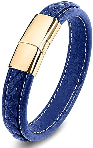 Ayoiow Herren Armreif, Herren Armband Metall Leder Armband Jungs Blau Armband mit Gold Schnalle