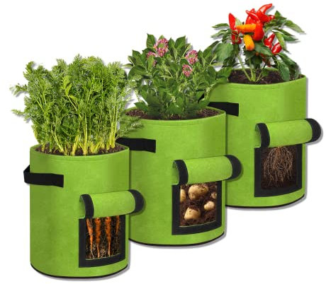 SUBTLETY 38L Kartoffel Pflanzsack aus Vliesstoff 10 Gallonen Pflanzsäcke mit Sichtfenster und Tragegriff Tragbares Pflanzen Tasche für Kartoffeln Tomaten Knoblauch Radieschen (3 Stück, Grün)