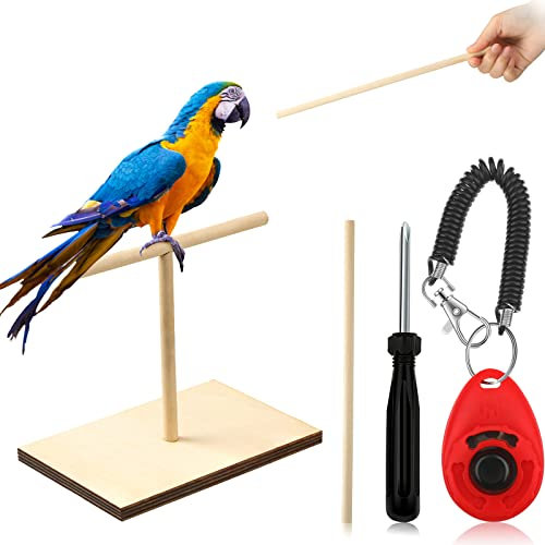 Cunno 3-teiliges Vogel-Trainingsständer-Set, Papageien-Trainings-Clicker, tragbare Tisch-Vogel-Sitzstange und Zielstab, Holz-Sitzstange mit Handschlaufe für Sittiche, Sittiche, Sittiche, Sittiche