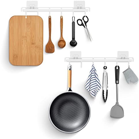 Hangerspace Utensil Rack Kitchen Utensil Holder Rail with 6 Hooks Space Saving No Drilling Wall Mounted Self Adhesive for Kitchen Bathroom Bedroom(White)