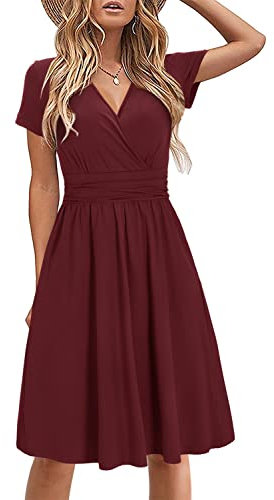 STYLEWORD Damen Sommerkleid Kurzarm V-Ausschnitt kleider Einfarbig kleid Strandkleid Mit Taschen(Dunkelrot,klein)
