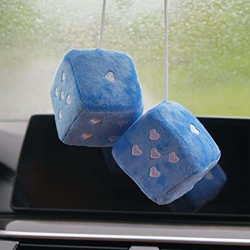 2 Paar Auto Hängend Ornament, Schaukel Fuzzy Plüsch Würfel mit Punkten Auto Rückspiegel Hanging Zubehör Auto Dekoration Charm Anhänger Auto Ornamente Innenspiegel Anhänger - Blau 7.5cm