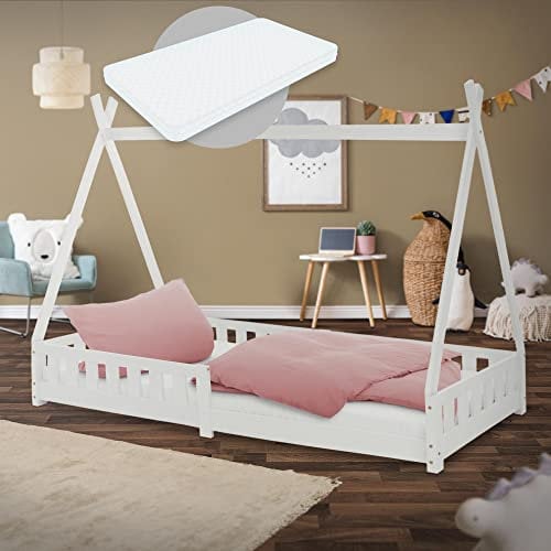 ML-Design Kinderbett Tipi 90x200 cm Weiß mit Matratze H:16cm, Rausfallschutz & Lattenrost, Kiefernholz, Indianer Bett für Mädchen & Jungen, Hausbett mit Zaun, Bodenbett Jugendbett Spielbett Holzbett