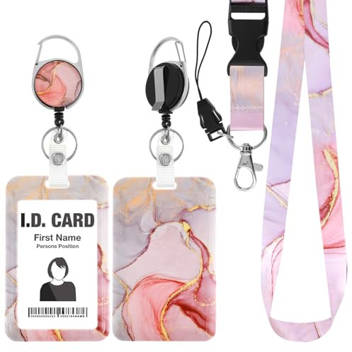 Amabro Marmor Ausweishalter Lanyard Set, Marmor Druck Ausweishalter, Kunststoff Ausweishalter einziehbarer Ausweishalter mit abreißbarem Schlüsselband vertikaler Kartenschutz (Pink)