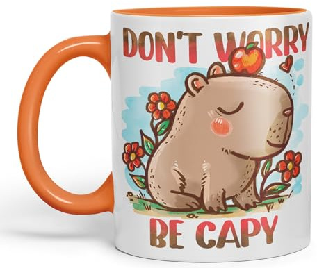 Vixar Capybara Don't Worry Be Capy Kawaii Joke Coloured Ceramic Mug Cup Gift 330ml 11oz Work Office Tea Coffee (Orange)