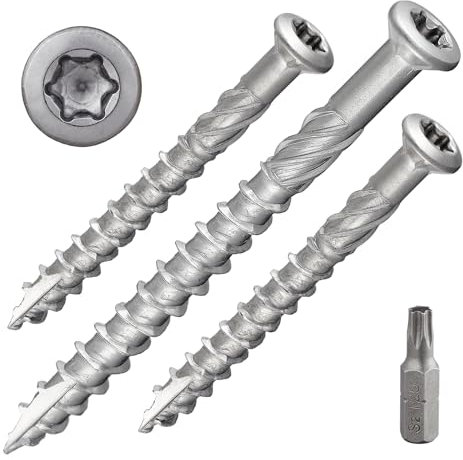 Terrassenschraube mit Senkkopf und TX-Antrieb | rostfreier Edelstahl A2 | inkl. 1 x S2-Bit | Schaftfräser + Cutspitze | unterkopfverstärkt mit Fräsrippen | mit ETA-Zulassung | 5 x 40 mm, 200 Stück