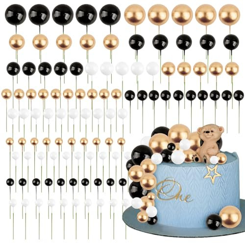 BETESSIN 105pcs Tortendeko Kugeln Happy Birthday Kuchendeko Schwarz Schaumkugel Deko Torten Cupcake Topper Geburtstag Babyparty Hochzeit Kuchen Dekoration Kuchenaufsatz Gold Weiß 1,5cm-4cm