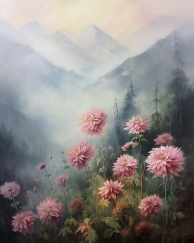 Embroidery Kit for Beginners, Misty Mountain Dahlias, Cross Kits for Adults, Easy Counted Cross Kits for Beginners,16x20inch