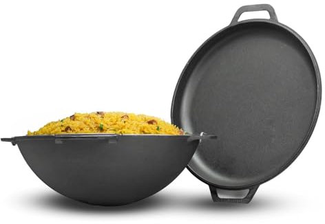 4BIG.fun 10L Gusseisen Schwenktopf Kazan Asia Kasan mit Deckel-Bratpfanne aus Gusseisen Grillwok Wokpfanne Grill Cast Iron Campingtopf Kessel Wok Traditioneller