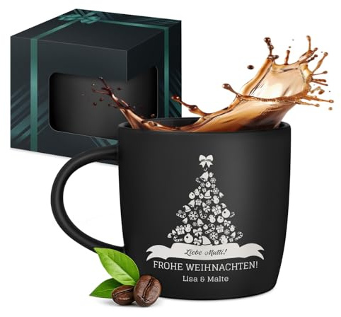 Maverton Keramik Kaffeebecher 400ml mit Gravur - personalisierte Kaffeetasse aus Matt Keramik mit Henkel für Frauen zum Geburtstag zu Weihnachten - Trinkbecher matt schwarz - Innen schwarz - Baum