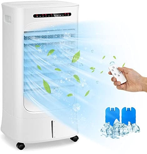 COSTWAY 3-in-1 Evaporative Air Cooler, 10L Air Cooling Fan Humidifier with 3 Wind Mode, 3 Fan Speed, Sleep Mode, 15H Timer, 120°Oscillation, 2 Ice Pack & LED Display