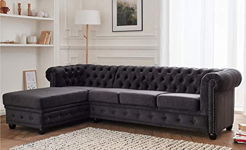 Lisa Design William - Chesterfield Ecksofa Links - 4 Sitzplätze - aus Samt Dunkelgrau