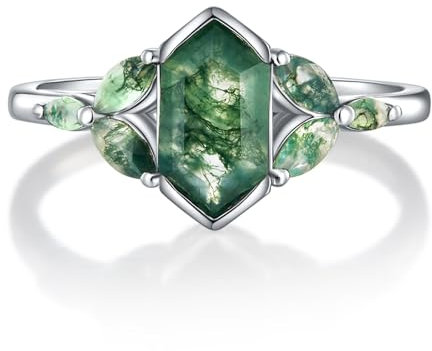 Sechseckige Ringe aus natürlichem Moosachat-Edelstein for Frauen, Art Deco Moosachat-Schmuck, S925 Sterling Silber/10K/14K/18K, Versprechensring Geschenk(S925,52(16.6))