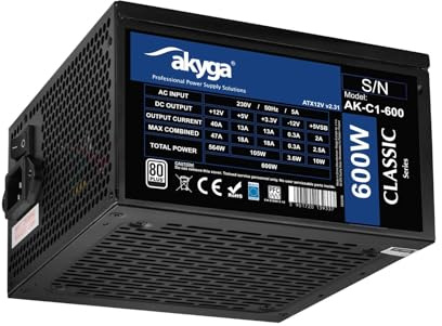 Akyga ATX Netzteil 600W AK-C1-600 P4+4 2X PCI-E 6+2 pin 5X SATA 3X Molex APFC Fan 12cm 80 Plus