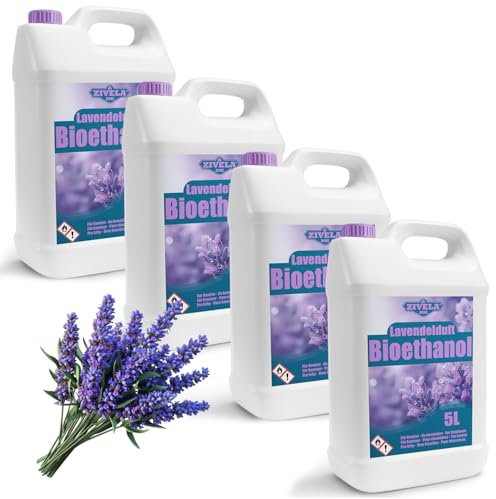ZIVELA Bioéthanol 96,6 % 20 l | Alcool bio parfum lavande 96,6 % 20 l | Cheminée au bioéthanol | Parfum lavande | Combustion propre, sans fumée, flamme vive et stable