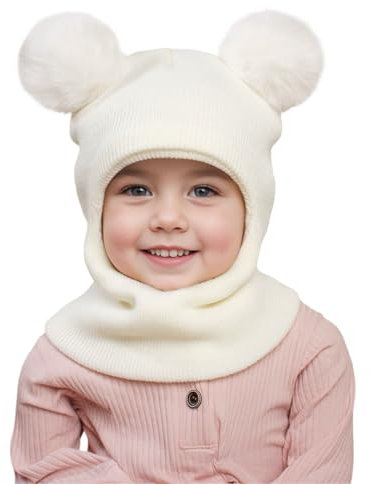 MASOCIO Bonnet Cagoule Bebe Enfant Garcon Fille Hiver Chaud Chapeau Echarpe Cache Cou 12 18 Mois 2 3 4 5 6 7 Bébé Garçon Balaclava Double Pompon Enfants 1-8 Ans Blanc
