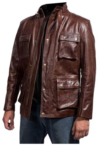 MERCH ATTIRE Manteljacke für Herren, Leder, braun, Cafe Racer, Schaffell, handgefertigt, Herren-Lederjacke, kräftige braune Farbe, M